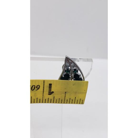 Vintage Earrings Leaf With Emerald Green Rhinestones Clip On Silver Toned - Picture 7 of 10